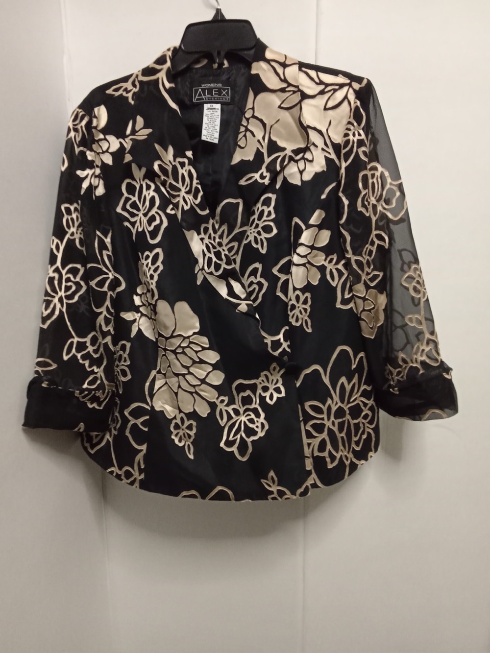 Alex Evenings Women’s 1X Black Beige Floral Lined Jacket 3/4 Sleeve A2